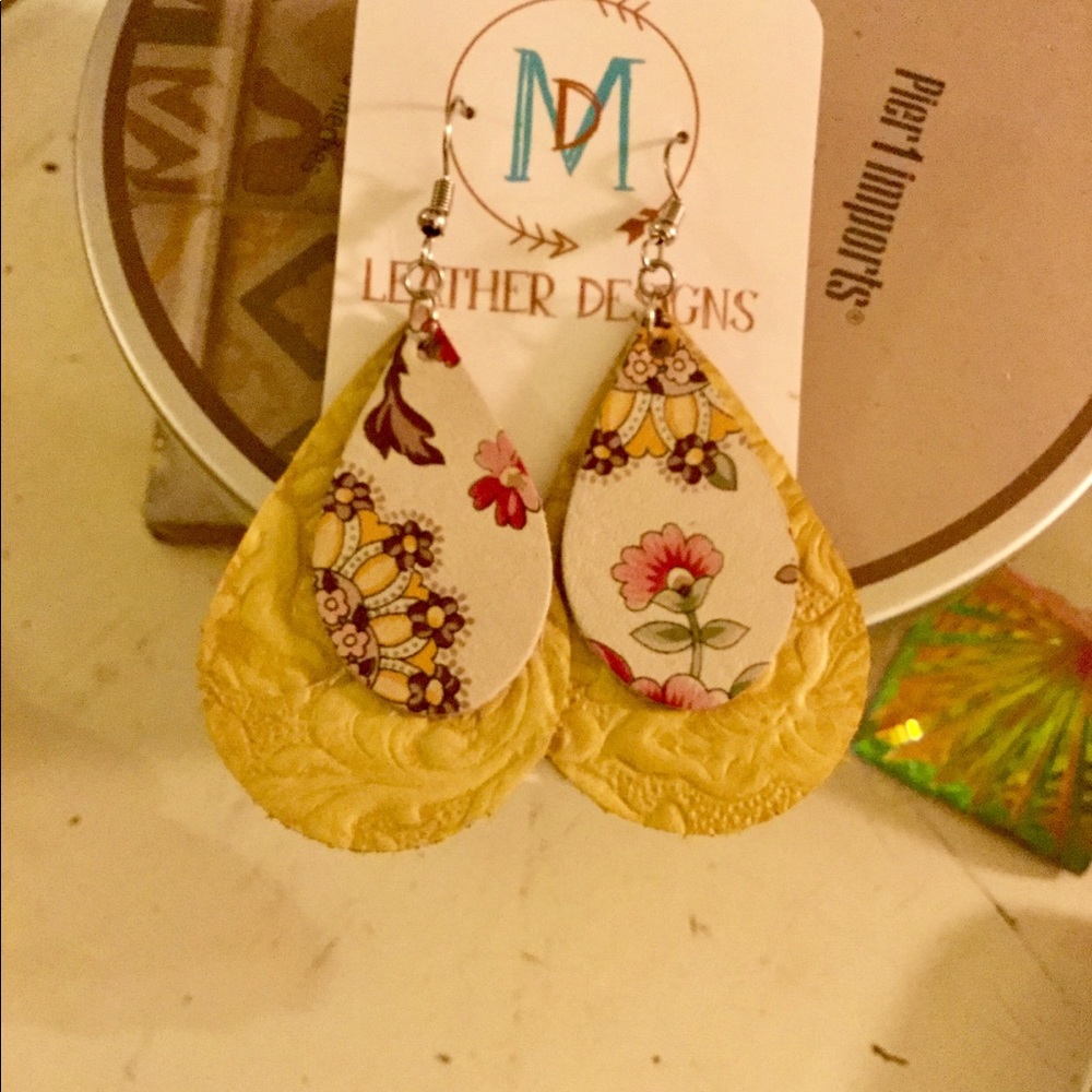 Genuine leather yellow and floral earrings